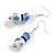 Blue/White Floral Glass Bead with Blue Crystal Spacer Drop Earrings in Silver Tone - 50mmL
