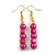 Deep Pink/ Magenta Glass and Wood Bead Drop Earrings in Gold Tone - 60mm L - view 2