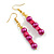 Deep Pink/ Magenta Glass and Wood Bead Drop Earrings in Gold Tone - 60mm L - view 4