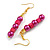 Deep Pink/ Magenta Glass and Wood Bead Drop Earrings in Gold Tone - 60mm L