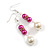 Deep Pink/White Faux Pearl Glass Bead with Pink Crystal Spacer Drop Earrings in Silver Tone - 60mmL - view 4