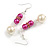 Deep Pink/White Faux Pearl Glass Bead with Pink Crystal Spacer Drop Earrings in Silver Tone - 60mmL - view 2