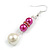 Deep Pink/White Faux Pearl Glass Bead with Pink Crystal Spacer Drop Earrings in Silver Tone - 60mmL - view 6