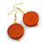 Orange Wood Coin Drop Earrings in Gold Tone - 60mm Long - view 2