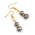 Delicate Grey Freshwater Pearl with Crystal Rings Drop Drop Earrings in Gold Tone - 40mm Drop - view 4