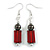 Red Square Glass and Round Hematite Bead Drop Earrings in Silver Tone - 55mm L - view 2