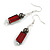 Red Square Glass and Round Hematite Bead Drop Earrings in Silver Tone - 55mm L - view 7