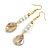 Long White Ceramic/ Shell Bead Linear Earrings in Gold Tone - 70mm L - view 2