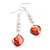Long White Ceramic/  Red Shell Bead Linear Earrings in Silver Tone - 70mm L - view 6