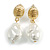 Statement White Lustrous Pearl Drop Earrings in Gold Tone - 35mm Long - view 4