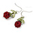 Purple Red Glass Bead Berry with Green Enamel Leaves Drop Earrings - 35mm L - view 6