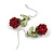 Purple Red Glass Bead Berry with Green Enamel Leaves Drop Earrings - 35mm L - view 2