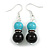 Black Ceramic/ Turquoise Bead with Black Crystal Ring Drop Earrings in Silver Tone - 45mm L - view 2
