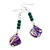Long Teal Ceramic/ Purple Shell Bead Linear Earrings in Silver Tone - 75mm L - view 4