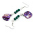 Long Teal Ceramic/ Purple Shell Bead Linear Earrings in Silver Tone - 75mm L - view 2