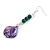 Long Teal Ceramic/ Purple Shell Bead Linear Earrings in Silver Tone - 75mm L - view 6