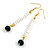 Long White/Black Bead Linear Earrings In Gold Tone - 70mm L - view 4