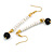 Long White/Black Bead Linear Earrings In Gold Tone - 70mm L - view 2