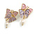 Pink/Lavender Enamel Double Butterfly with Dangling Pearl Bead Stud Earrings in Gold Tone - 35mm Long - view 2