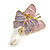Pink/Lavender Enamel Double Butterfly with Dangling Pearl Bead Stud Earrings in Gold Tone - 35mm Long - view 4