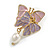 Pink/Lavender Enamel Double Butterfly with Dangling Pearl Bead Stud Earrings in Gold Tone - 35mm Long - view 6