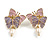 Pink/Lavender Enamel Double Butterfly with Dangling Pearl Bead Stud Earrings in Gold Tone - 35mm Long