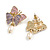 Pink/Lavender Enamel Double Butterfly with Dangling Pearl Bead Stud Earrings in Gold Tone - 35mm Long - view 7