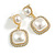 White Faux Pearl Bead Clear Crystal Square Drop Earrings in Gold Tone - 35mm Long - view 4