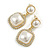 White Faux Pearl Bead Clear Crystal Square Drop Earrings in Gold Tone - 35mm Long - view 2