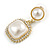White Faux Pearl Bead Clear Crystal Square Drop Earrings in Gold Tone - 35mm Long - view 5