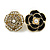 Clear Crystal/ White Faux Pearl/ Black Enamel Asymmetrical Rose Floral Stud Earrings In Gold Tone - 20mm D