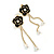 Black Enamel Crystal Chain Rose Flower Dangle Earrings in Gold Tone - 60mm Long - view 2