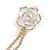 White Enamel Crystal Chain Rose Flower Dangle Earrings in Gold Tone - 60mm Long - view 4