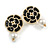 Black Enamel White Faux Pearl Layered Rose Flower Stud Earrings in Gold Tone - 35mm Tall - view 2
