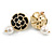 Black Enamel White Faux Pearl Layered Rose Flower Stud Earrings in Gold Tone - 35mm Tall - view 5