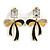 Clear Crystal Black Enamel Bow Drop Earrings in Gold Tone - 40mm Drop