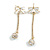 White Enamel Bow with Crystal Chain and CZ Ball Front Back Drop Earrings/Gold Tone/45mm Long - view 2