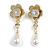Two Tone Floral Faux Pearl Drop Earrings/Party/Prom/Wedding - 60mm Tall - view 6