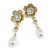 Two Tone Floral Faux Pearl Drop Earrings/Party/Prom/Wedding - 60mm Tall - view 2