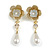 Two Tone Floral Faux Pearl Drop Earrings/Party/Prom/Wedding - 60mm Tall