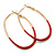 60mm Tall/ Gold Tone with Red Enamel Oval Hoop Earrings/ Large Size - view 2