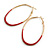 60mm Tall/ Gold Tone with Red Enamel Oval Hoop Earrings/ Large Size