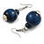 Dark Blue Double Wood Bead Drop Earrings - 55mm Long