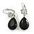 Black/ Clear CZ, Glass Teardrop Earrings With Leverback Closure In Silver Tone - 45mm L