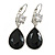 Black/ Clear CZ, Glass Teardrop Earrings With Leverback Closure In Silver Tone - 45mm L - view 4