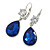 Royal Blue/Clear Glass Teardrop Earrings With Leverback Closure In Silver Tone/ 45mm Drop