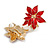 Christmas Red Enamel Poinsettia Holiday Stud Clip On Earrings In Gold Tone - 25mm Diameter - view 4