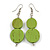 Double Bead Lime Green Wooden Drop Earrings - 60mm Long