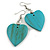 Turquoise Coloured Wood Grain Heart Drop Earrings - 60mm L