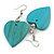 Turquoise Coloured Wood Grain Heart Drop Earrings - 60mm L - view 2